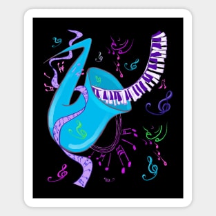 Jazz music shirt with saxophone, piano keys, musical notes. Magnet